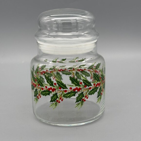 Vintage Christmas Libbey Holly & Winter Red Berries Glass Candy Jar - Picture 1 of 5